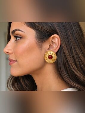 NWT Byzantine Vendome Gold Tone Carnelian Cabochon Rhinestone Pierced Earrings